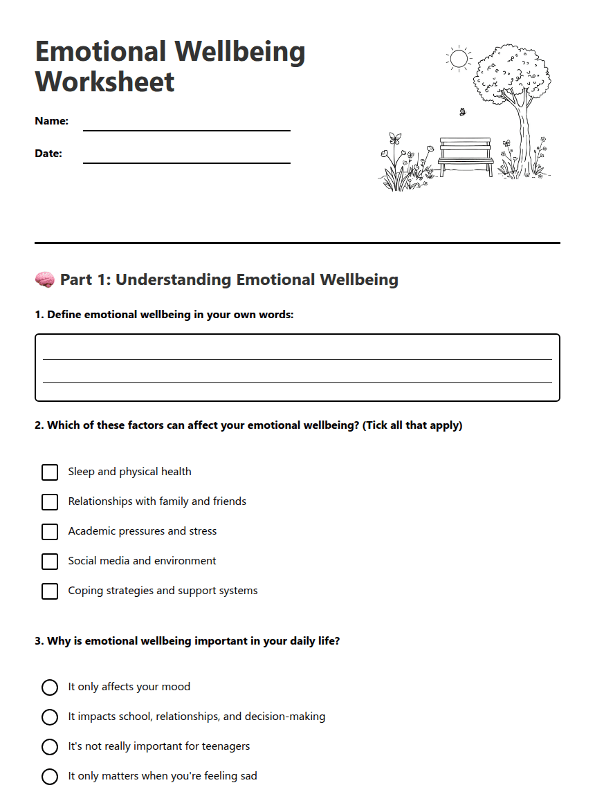 Emotional Wellbeing Worksheet worksheet preview