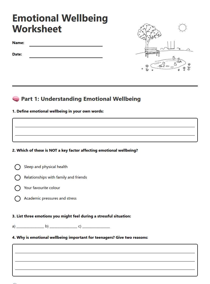 Emotional Wellbeing Worksheet worksheet preview