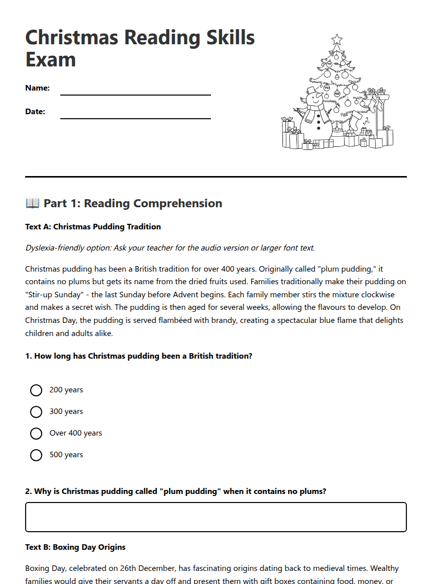 Christmas Reading Skills Exam worksheet preview
