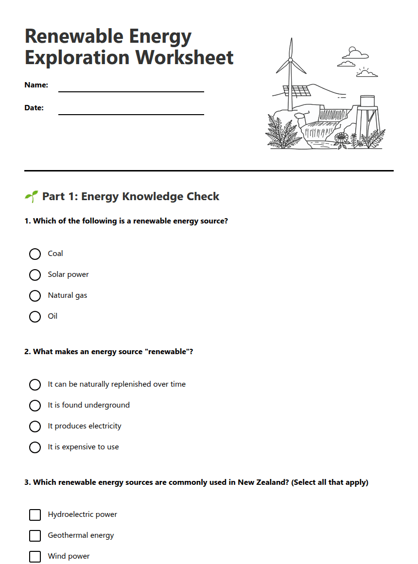 Renewable Energy Exploration Worksheet worksheet preview