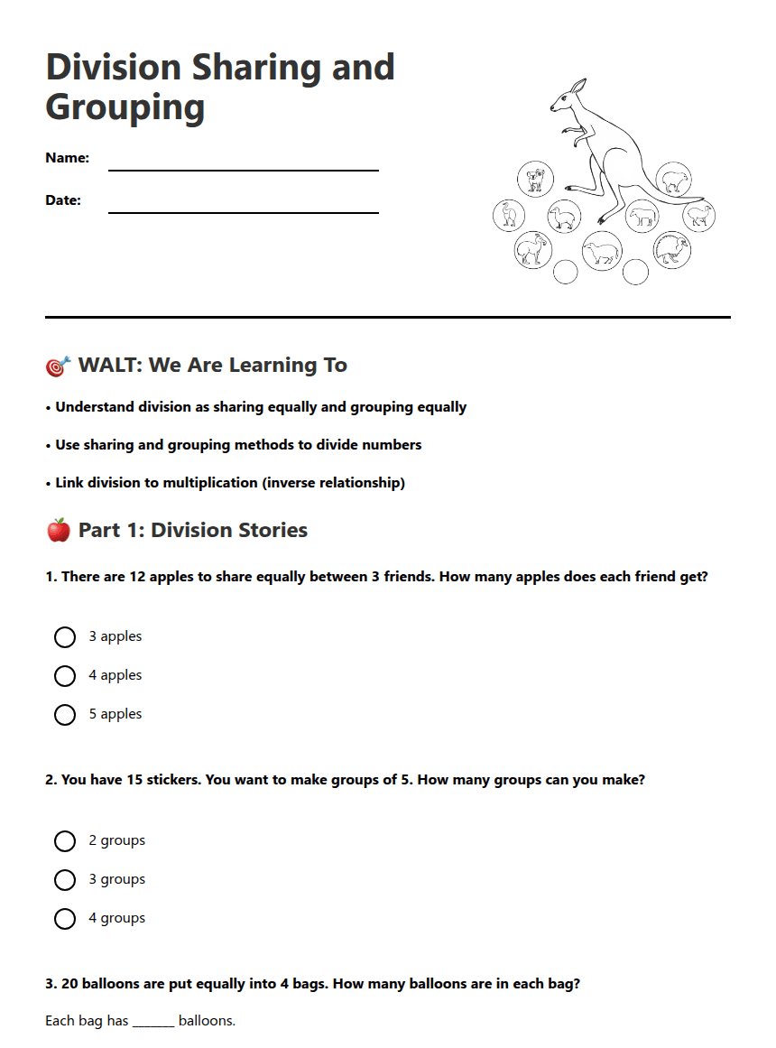 Division Sharing and Grouping worksheet preview