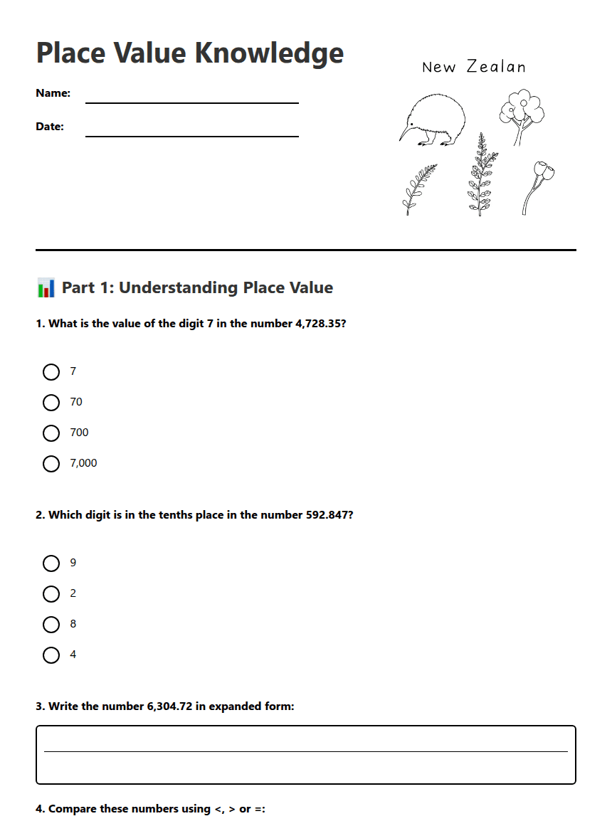 Place Value Knowledge worksheet preview