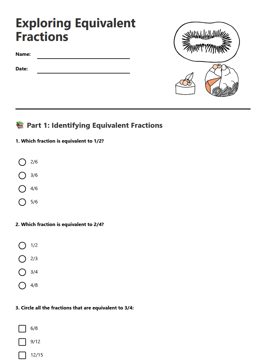 Exploring Equivalent Fractions worksheet preview