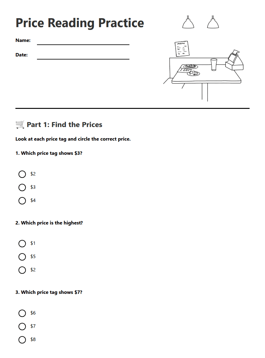 Price Reading Practice worksheet preview