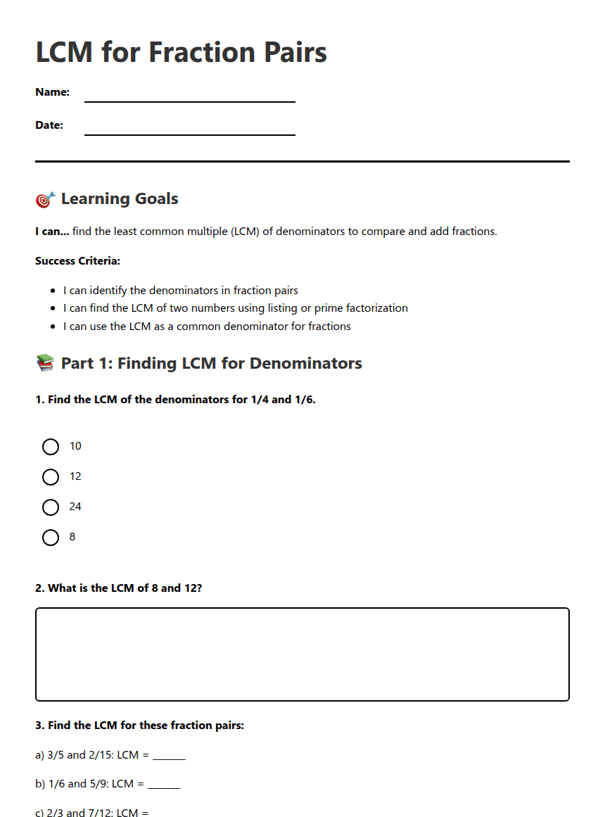 LCM for Fraction Pairs worksheet preview