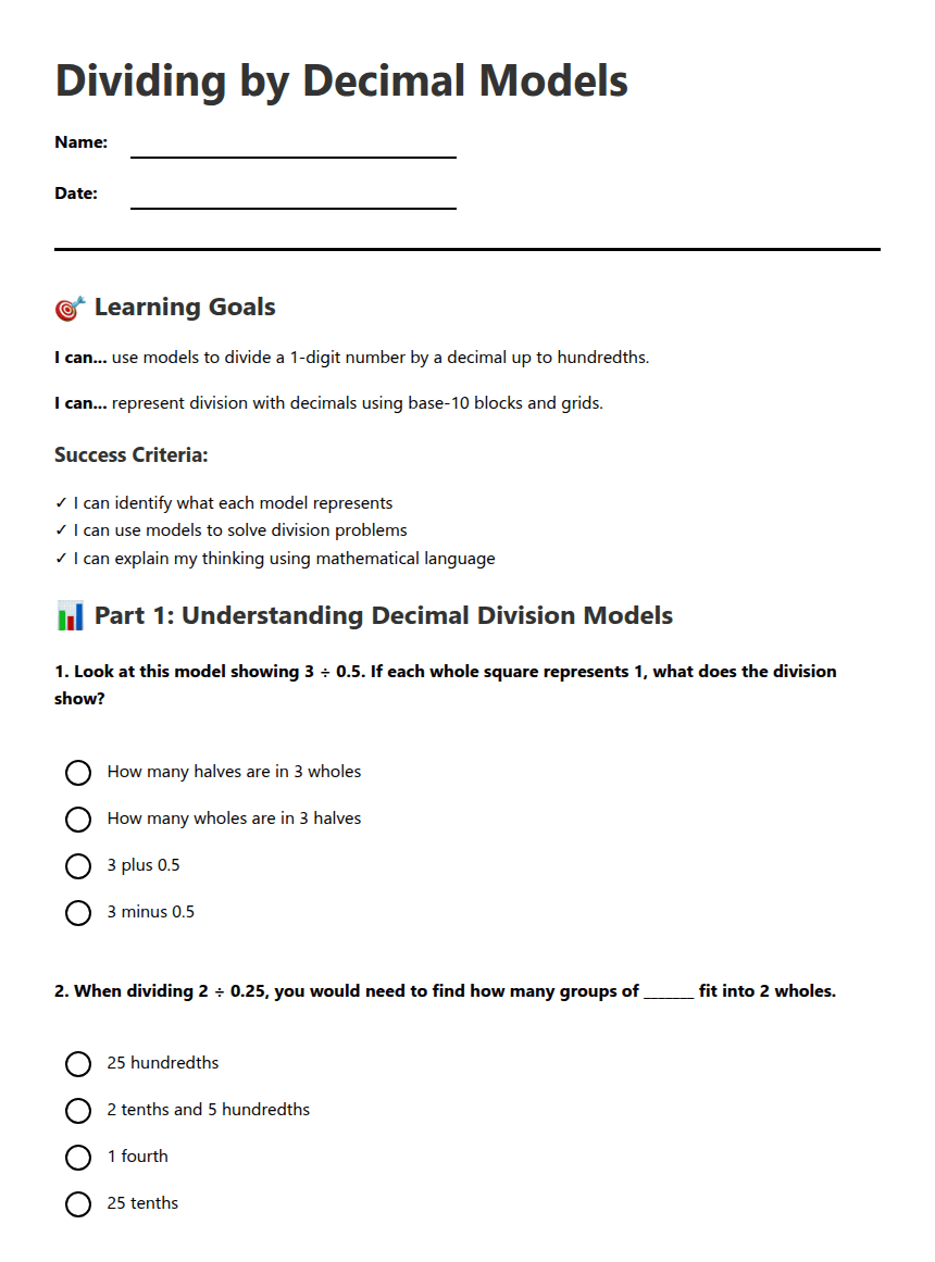 Dividing by Decimal Models worksheet preview