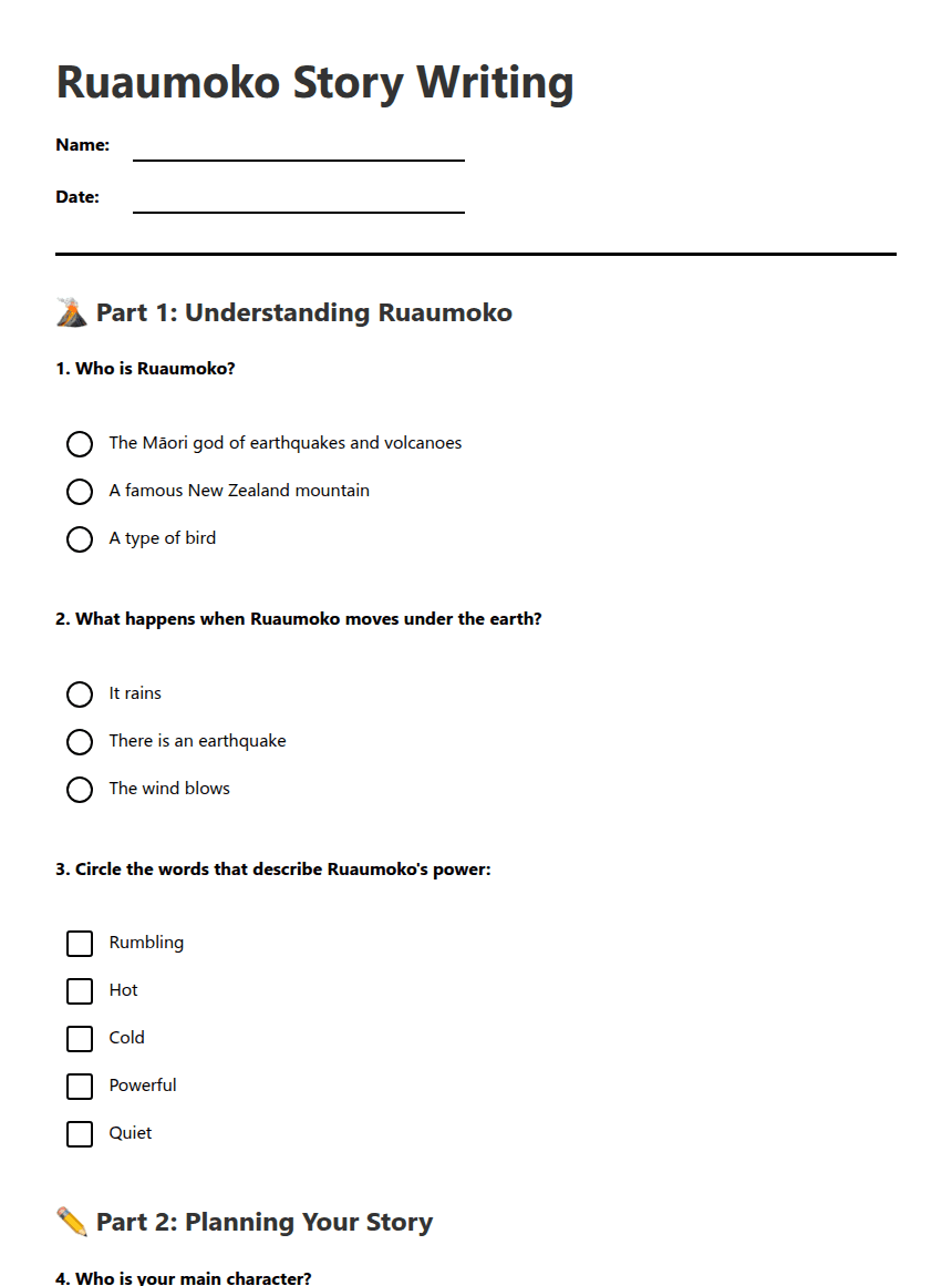 Ruaumoko Story Writing worksheet preview