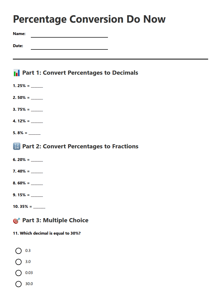 Percentage Conversion Do Now worksheet preview