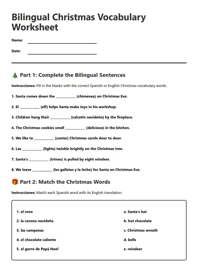 Bilingual Christmas Vocabulary Worksheet
