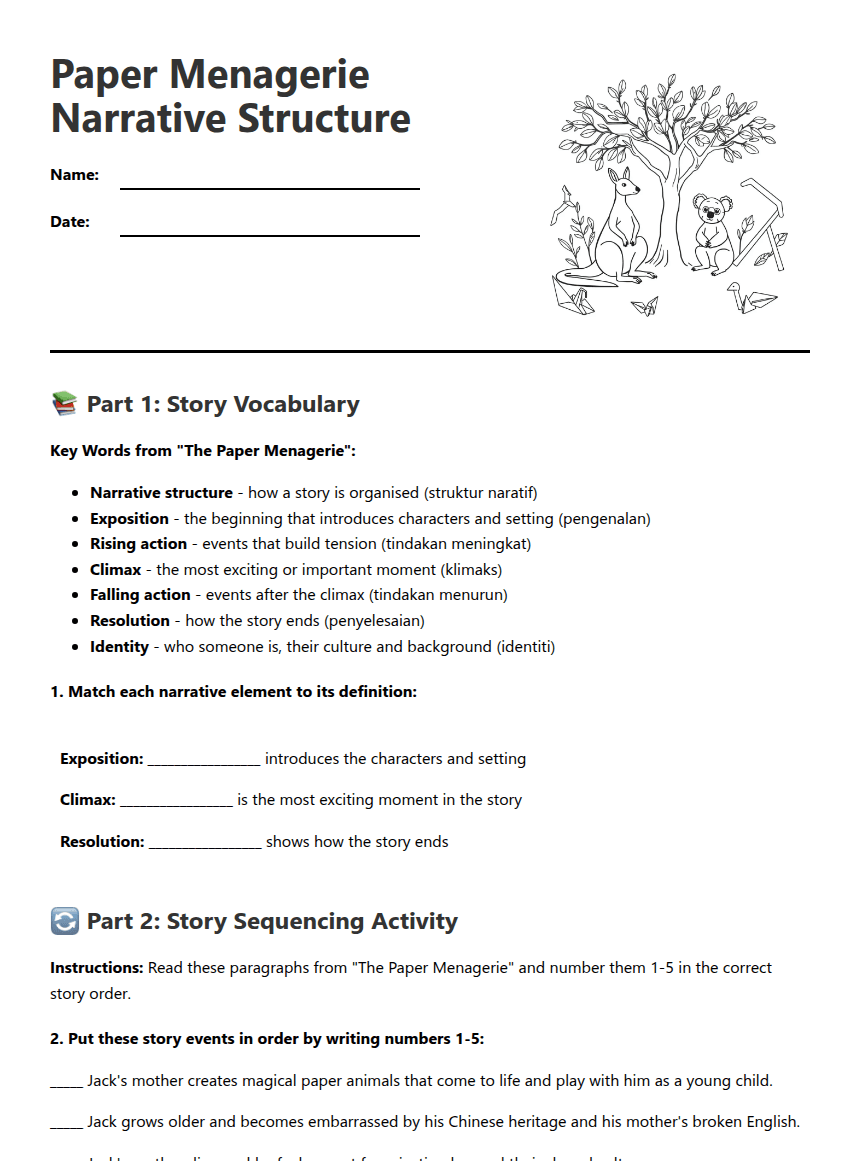 Paper Menagerie Narrative Structure worksheet preview