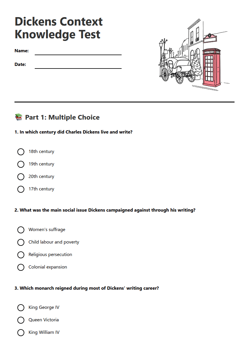 Dickens Context Knowledge Test worksheet preview