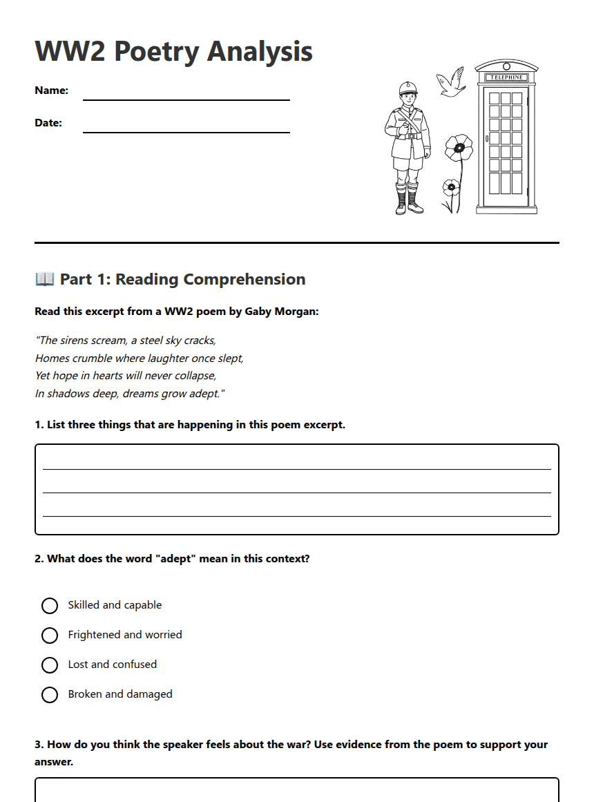 WW2 Poetry Analysis worksheet preview