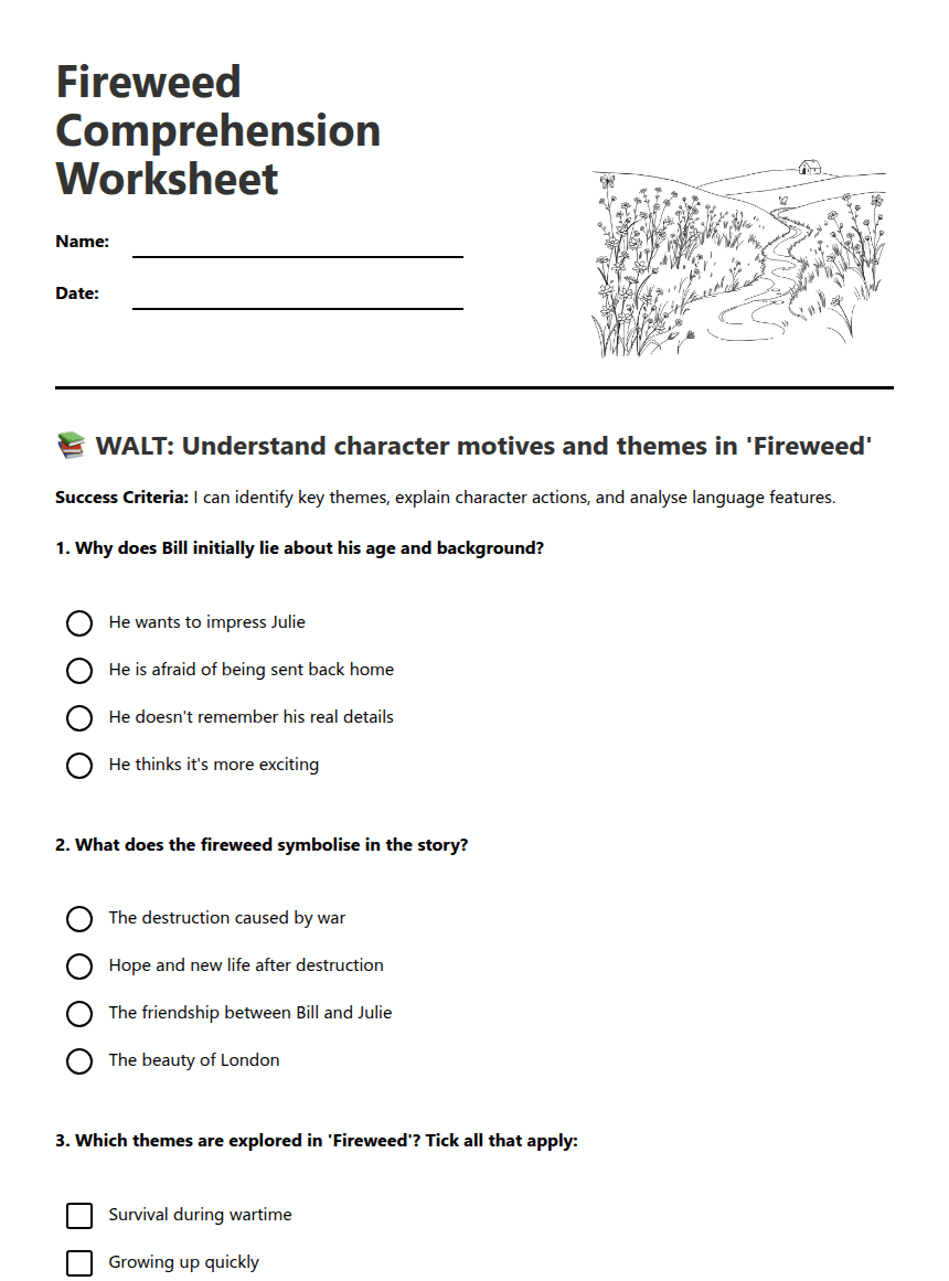 Fireweed Comprehension Worksheet worksheet preview