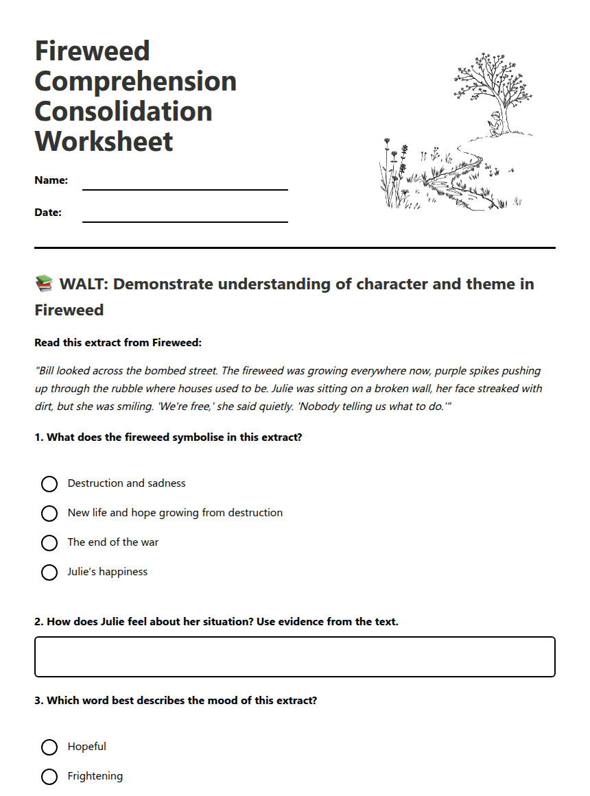 Fireweed Comprehension Consolidation Worksheet worksheet preview