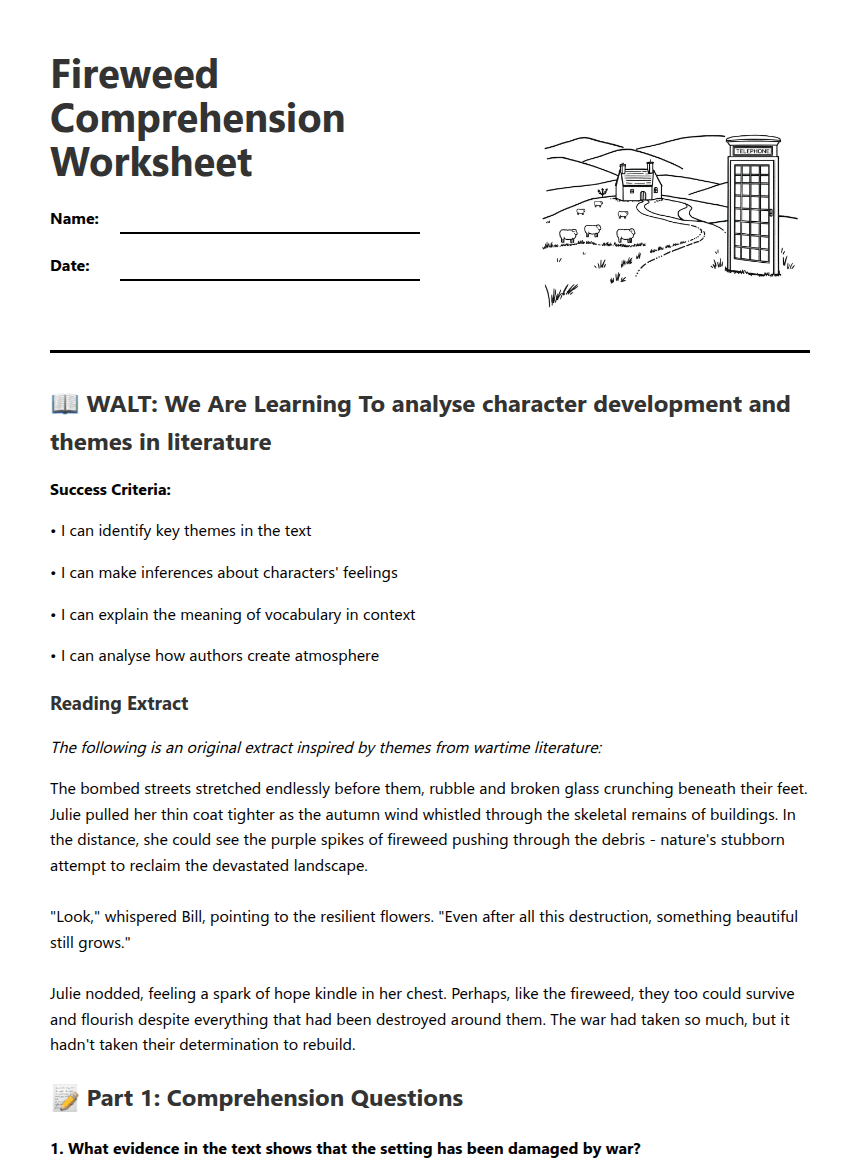 Fireweed Comprehension Worksheet worksheet preview