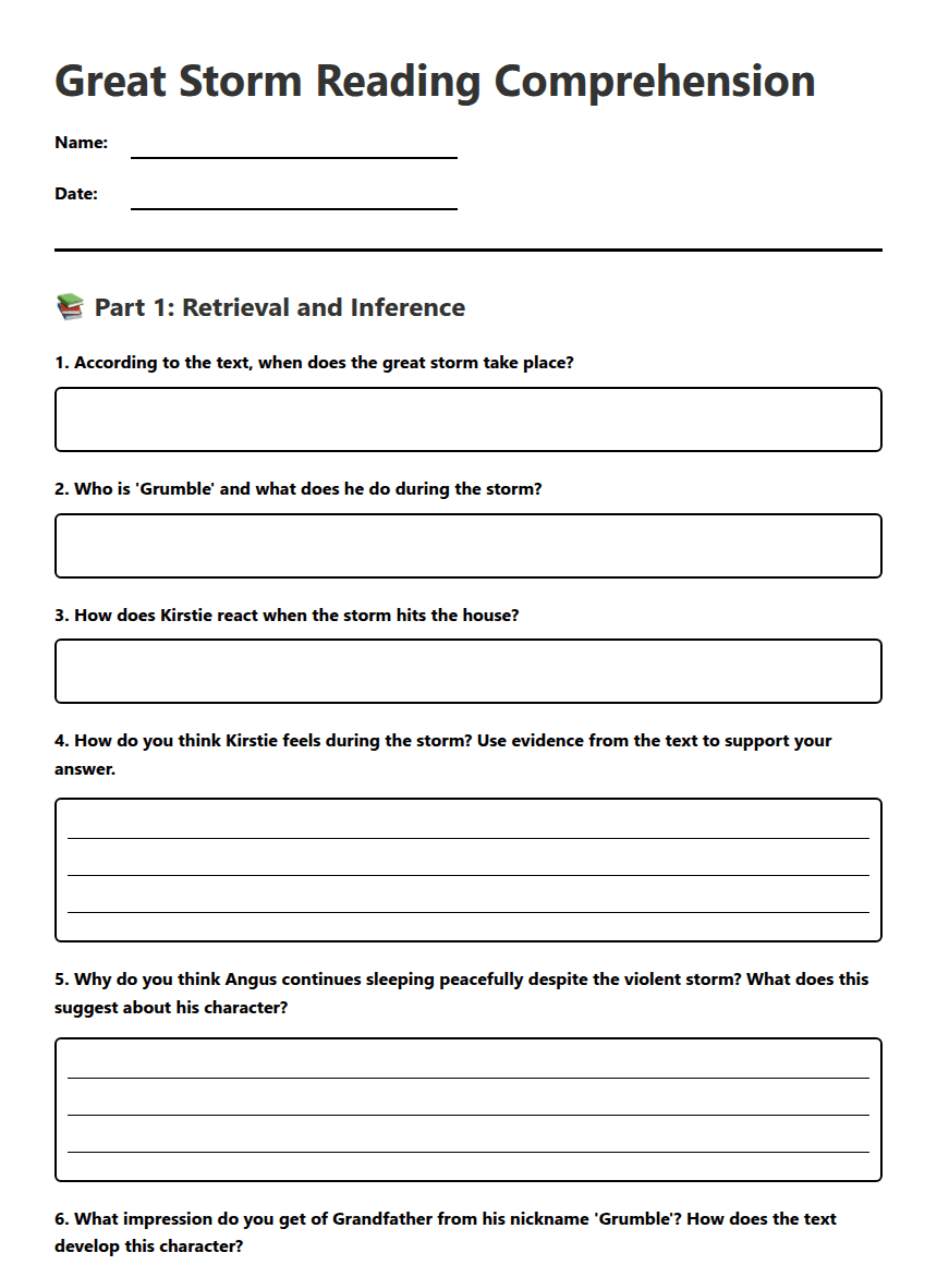 Great Storm Reading Comprehension worksheet preview