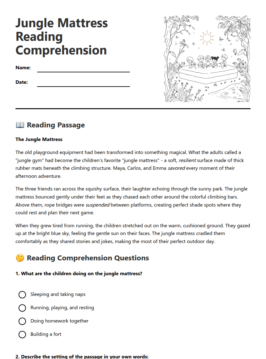 Jungle Mattress Reading Comprehension worksheet preview