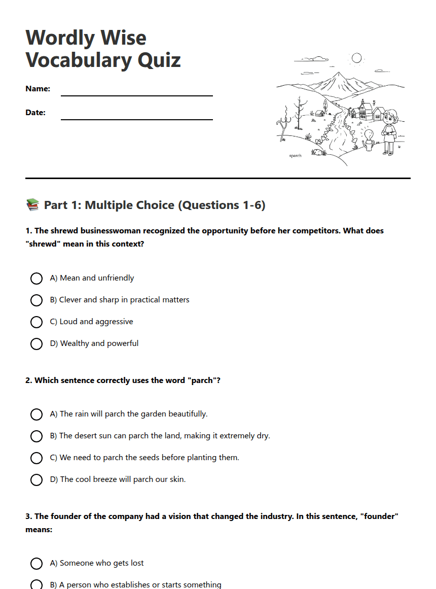 Wordly Wise Vocabulary Quiz worksheet preview