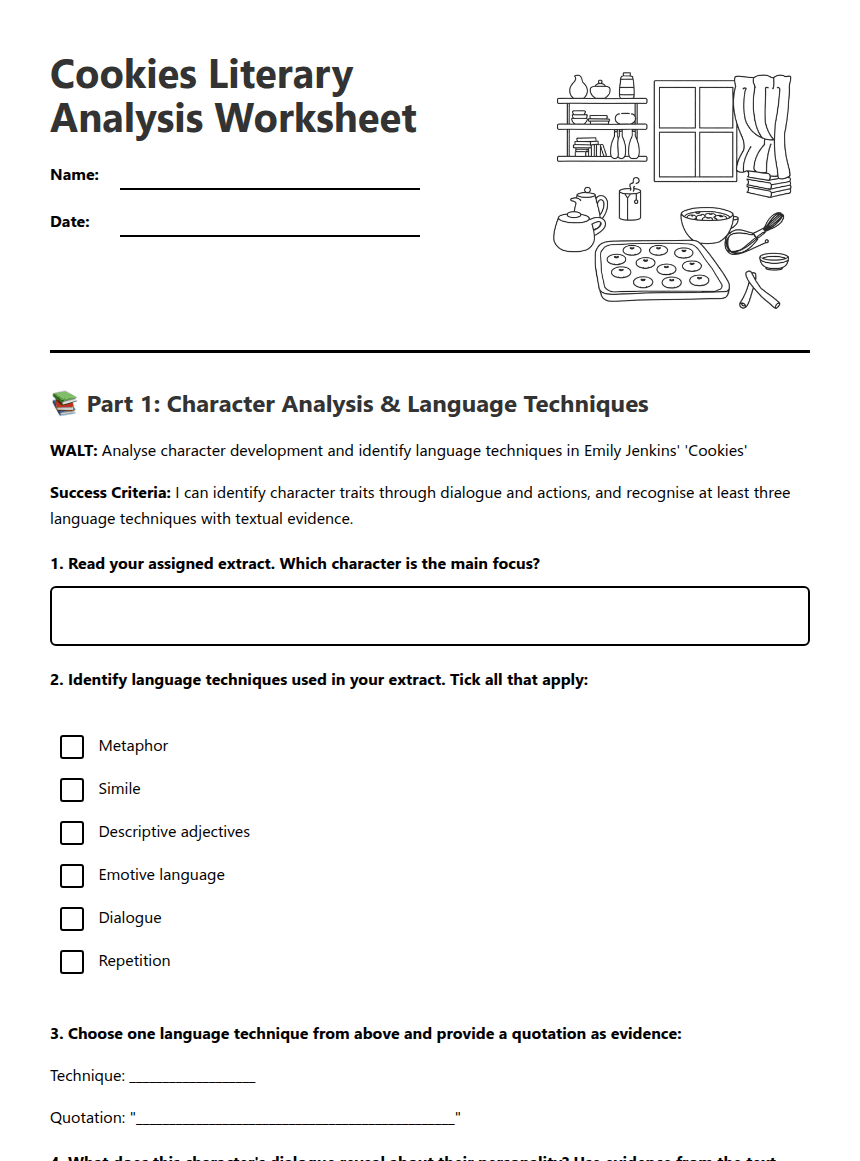 Cookies Literary Analysis Worksheet worksheet preview
