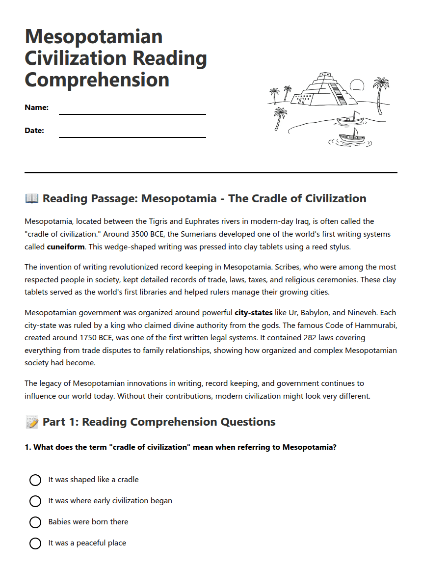 Mesopotamian Civilization Reading Comprehension worksheet preview