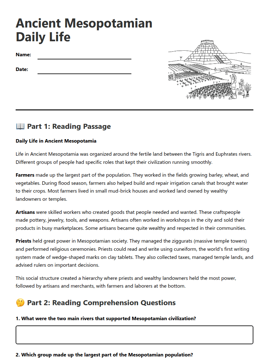 Ancient Mesopotamian Daily Life worksheet preview