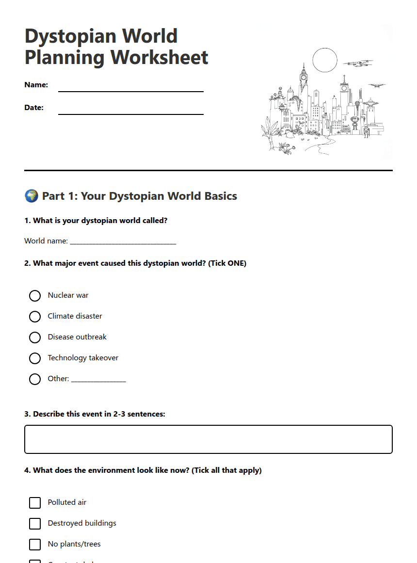 Dystopian World Planning Worksheet worksheet preview