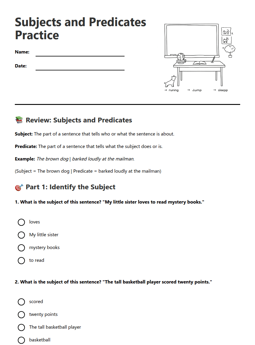 Subjects and Predicates Practice worksheet preview