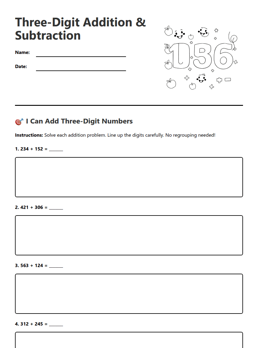 Three-Digit Addition Subtraction worksheet preview