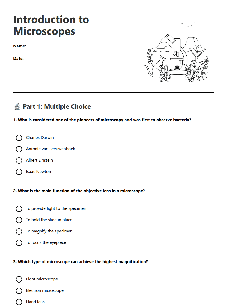 Introduction to Microscopes worksheet preview