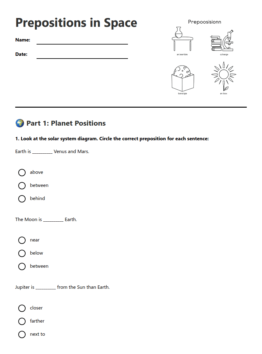 Prepositions in Space worksheet preview