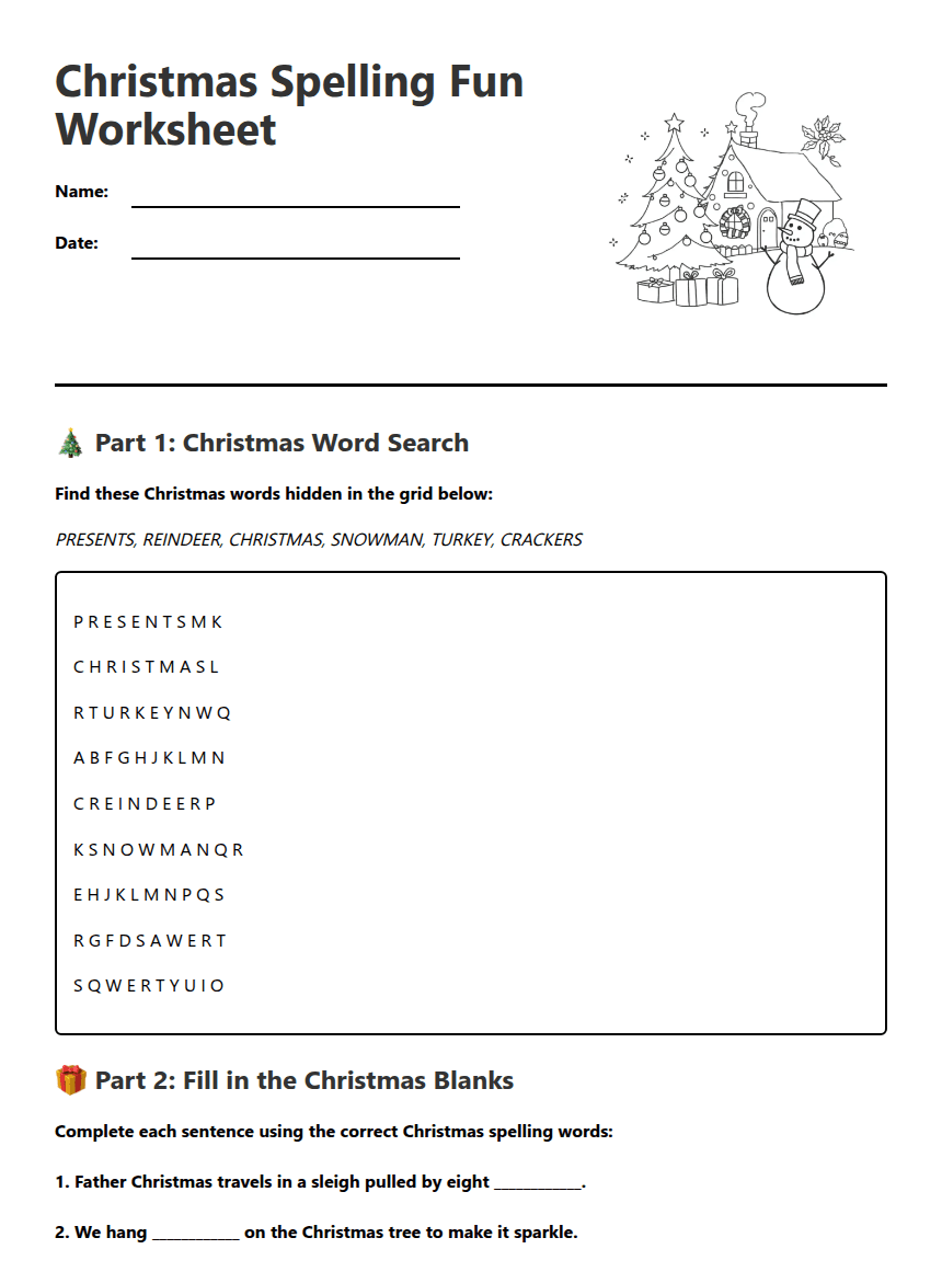 Christmas Spelling Fun Worksheet worksheet preview