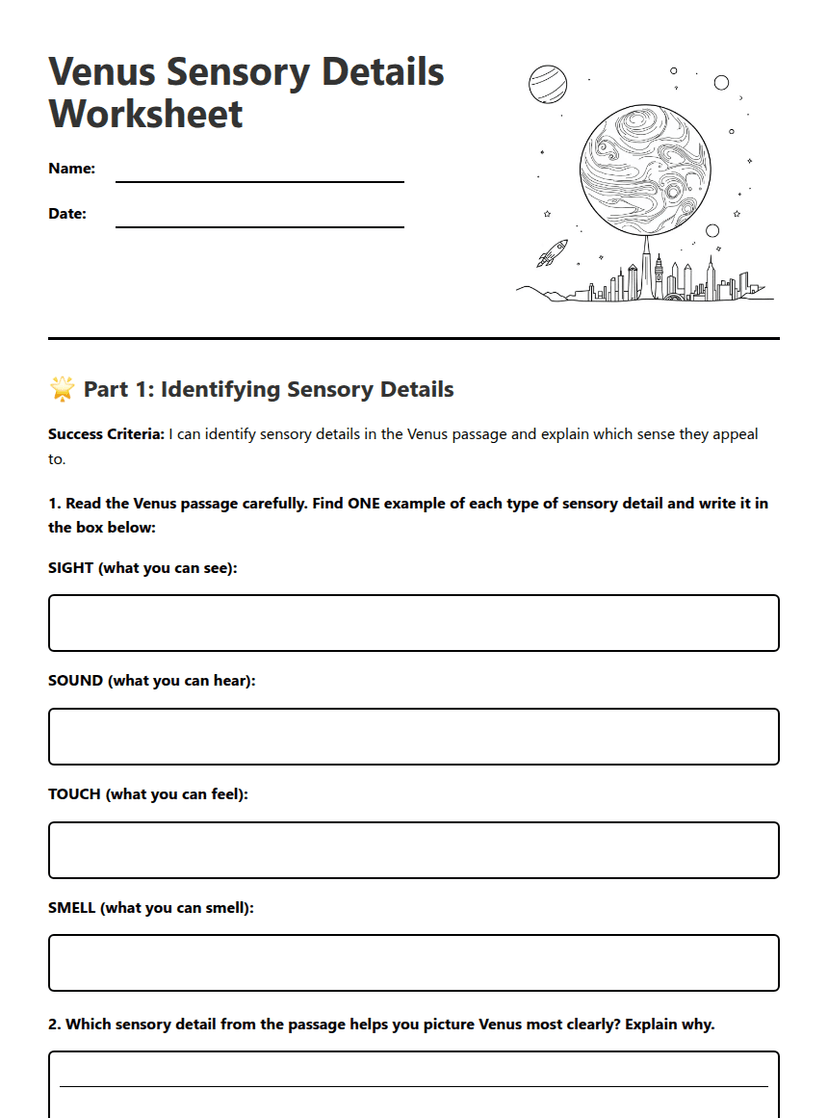 Venus Sensory Details Worksheet