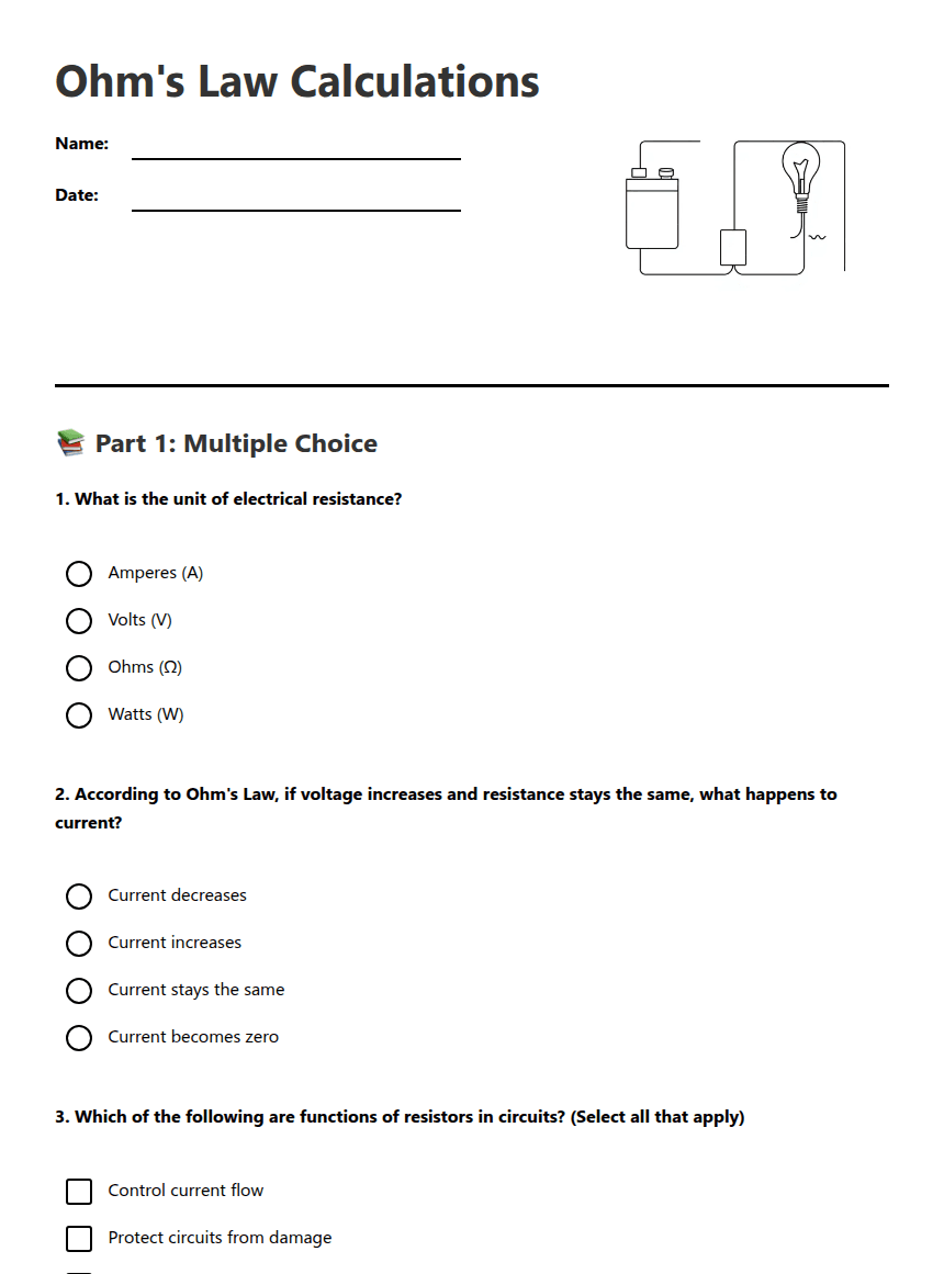 Ohm's Law Calculations worksheet preview