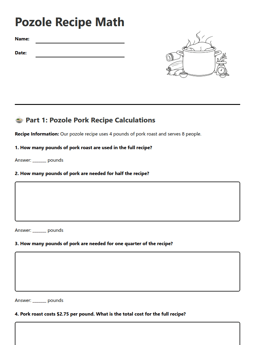 Pozole Recipe Math worksheet preview