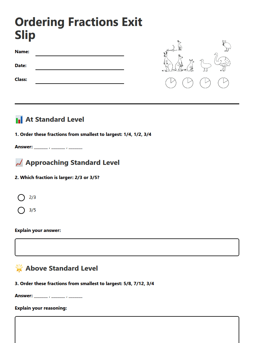 Ordering Fractions Exit Slip worksheet preview