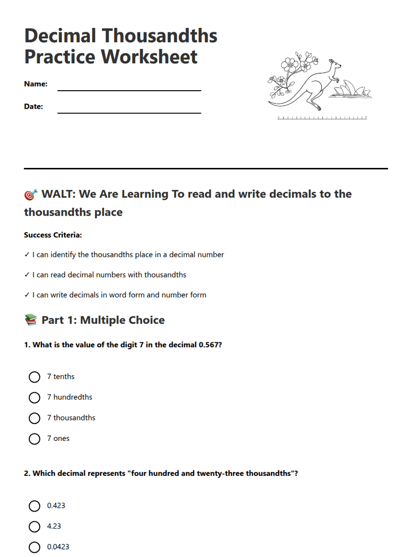 Decimal Thousandths Practice Worksheet
