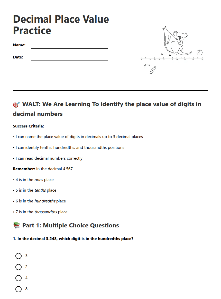 Decimal Place Value Practice worksheet preview