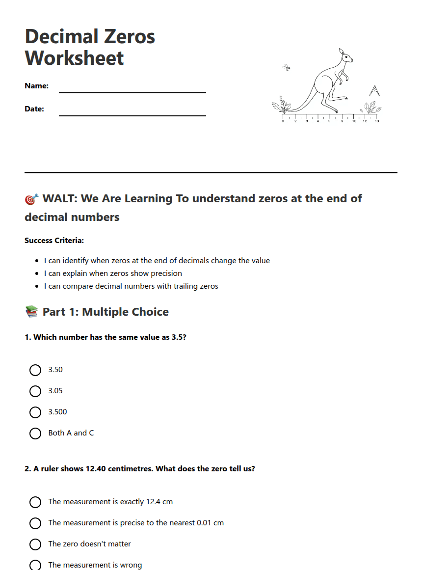 Decimal Zeros Worksheet worksheet preview