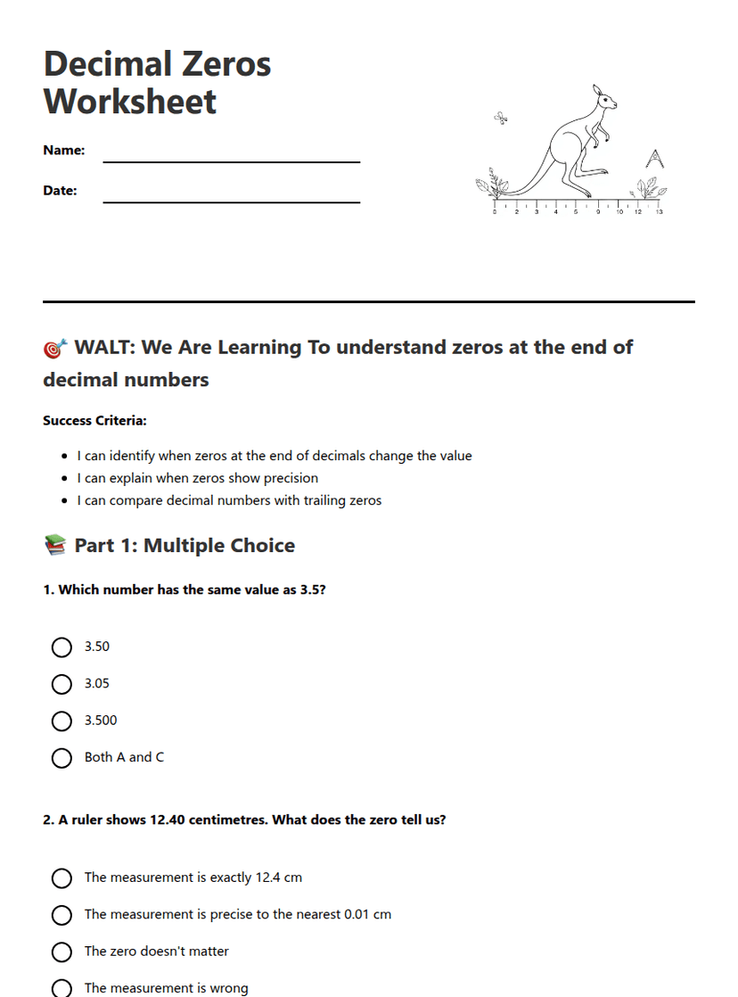 Decimal Zeros Worksheet