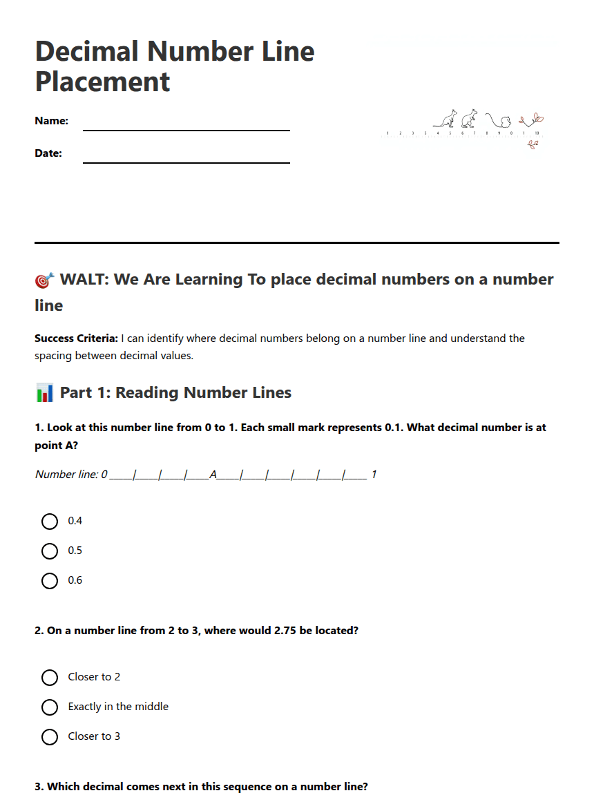Decimal Number Line Placement worksheet preview