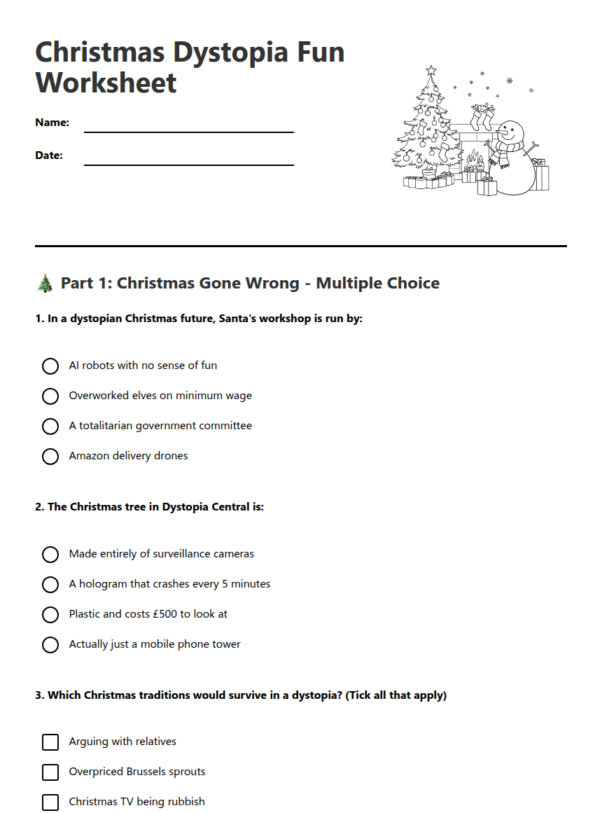 Christmas Dystopia Fun Worksheet worksheet preview