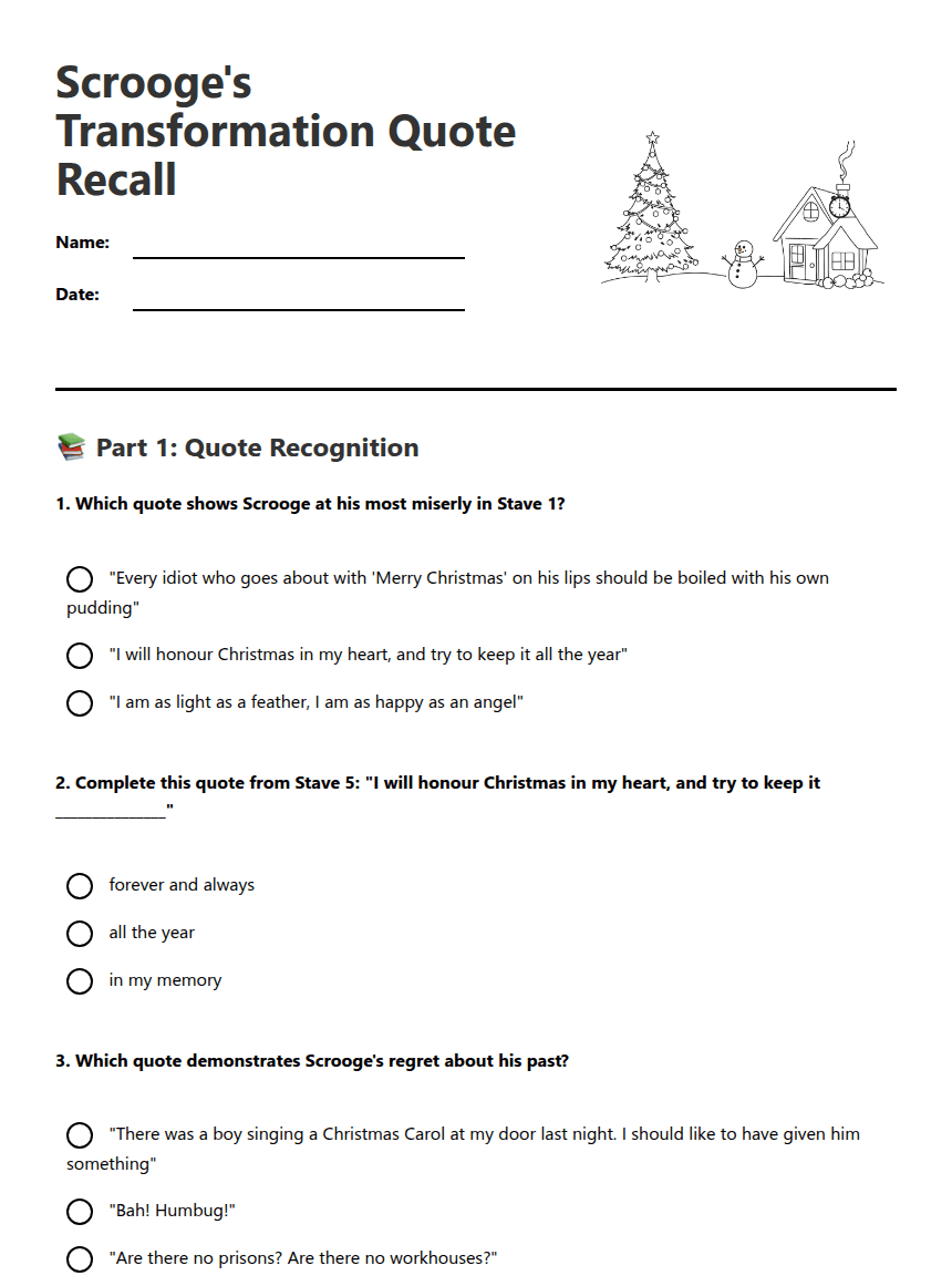 Scrooge's Transformation Quote Recall worksheet preview