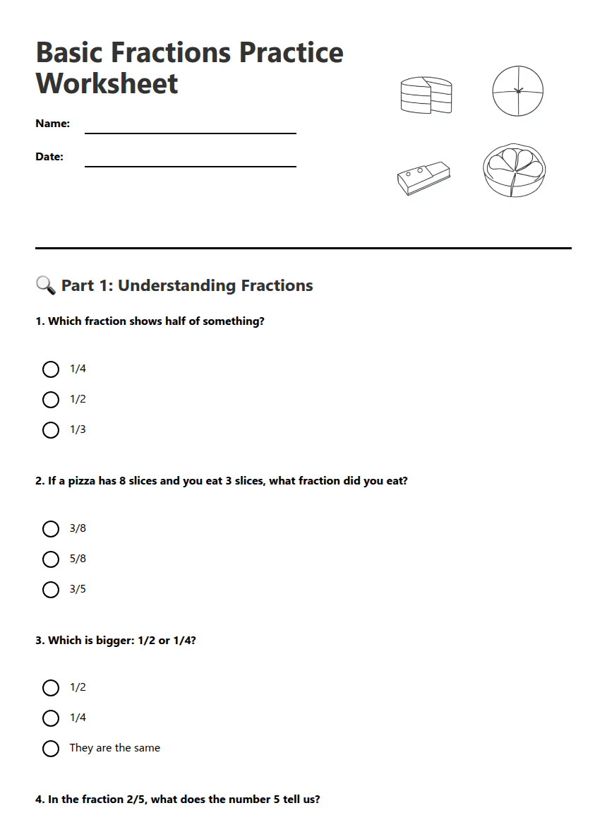 Basic Fractions Practice Worksheet worksheet preview