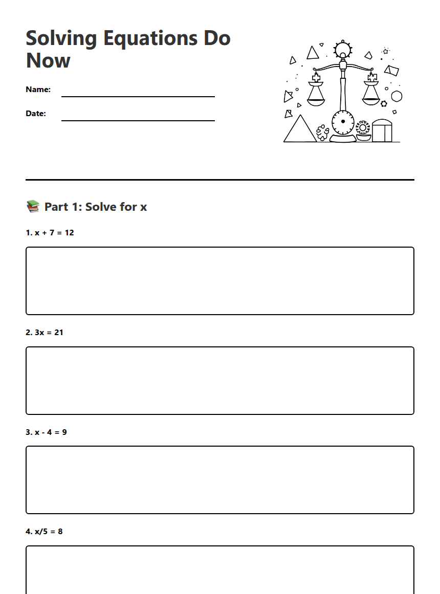 Solving Equations Do Now worksheet preview