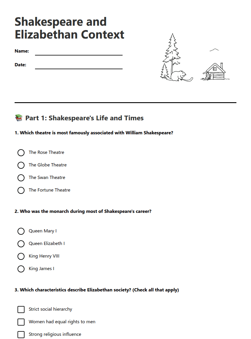 Shakespeare and Elizabethan Context worksheet preview