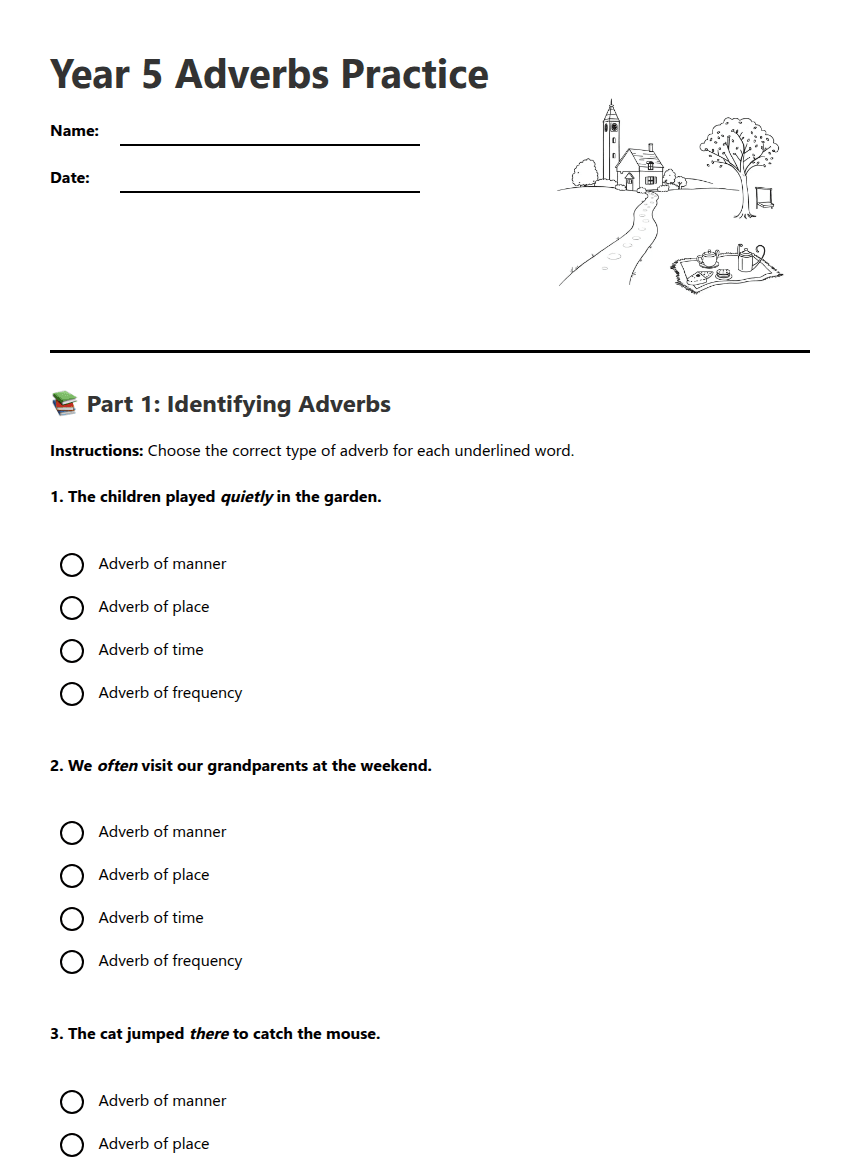 Year 5 Adverbs Practice worksheet preview