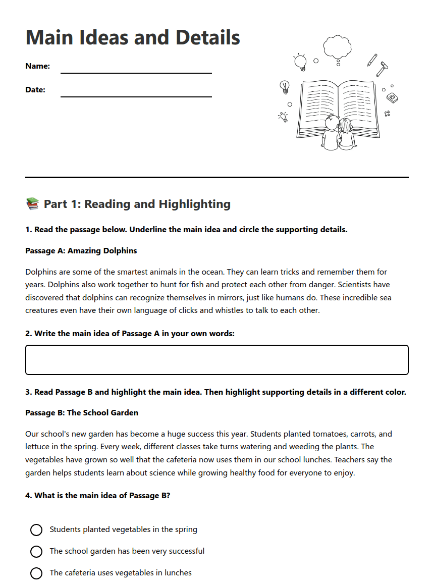 Main Ideas and Details worksheet preview