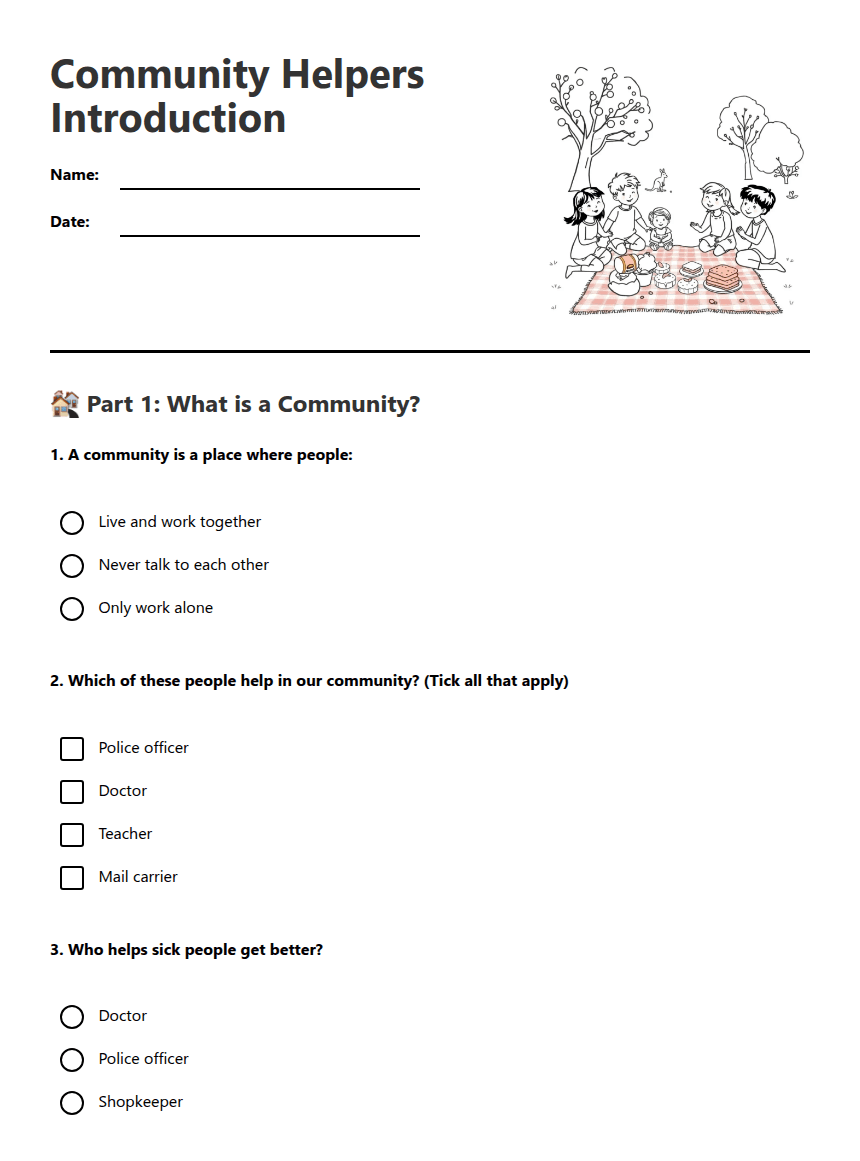 Community Helpers Introduction worksheet preview