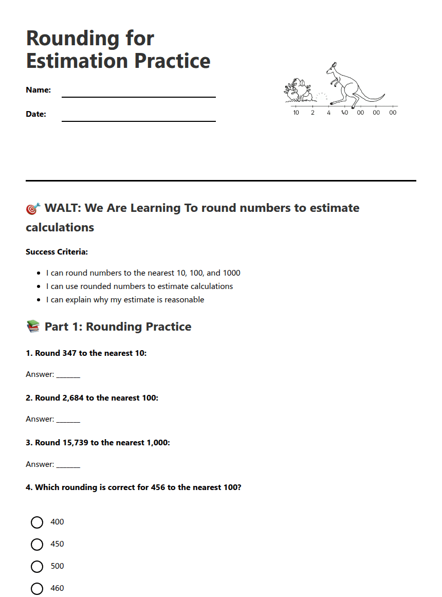 Rounding for Estimation Practice worksheet preview