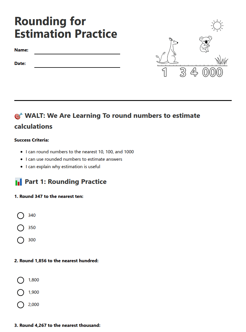 Rounding for Estimation Practice worksheet preview